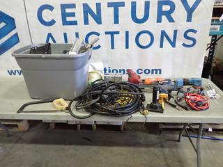 Plastic Tub of Assorted Air Hoses, Electrical Cords, Power Tools, And More (L-3-2)