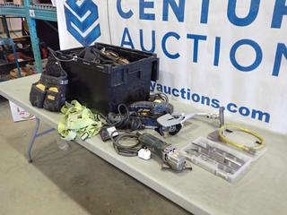 Crate of Assorted Power Tools, Tool Belt Pouches, Nails, Yard Lights, And More (L-3-2)