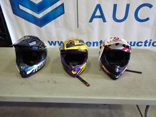 (1) HJC Motocross Helmet, Size Unknown, (1) Thor Motocross Helmet, Size Medium, (1) DNO Motocross Helmet, Size Large (B1)