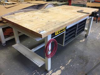 Custom Built Steel/Wood Rolling Work Table c/w (2) 10 In. Vises, Clamp Holders & Parts Case Holders, 92 1/2 In. x 48 In. x 37 1/4 In.