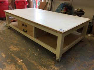 Custom Built Steel/Wood Rolling Work Table c/w 4 Drawers, 98 1/2 In. x 50 In. x 26 In. *Contents Not Included*