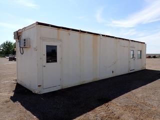 10 Ft. W x 44 Ft. L Metal Container Office Shack c/w Metal Checker Plate Floor, (3) Man Doors, Shelving, Filing Cabinets, Wired Electrical,  Lifting Hooks, Very Heavy