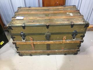 Brown Antique Steamer Trunk. 34 In. L x 19 In. W x 22 In. H.