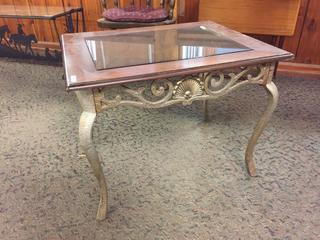 Glass, Wood, Metal Side Table. 27 In. L x 23 In. W x 21 1/2 In. H.