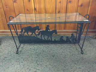 Glass & Metal Cowboy Coffee Table. 36 In. L x 17 1/2 In. W x 19 In. H.