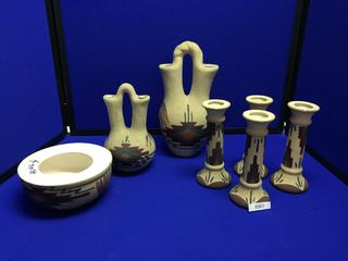 Set of Ceramic Candle Holders & Dishes. 10 1/2 In. At Tallest Point.