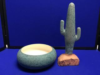 Ceramic Cactus & Dish. Cactus is 10 1/2 In. Tall.