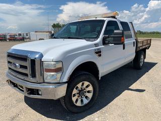 2008 Ford F350 SD 4x4 Crew Cab Deck Truck c/w 6.4L V8 Diesel, AT, A/C, 7-1/2 Ft. Deck w/Fold Down Sides, Amber Beacon, Tow Receiver, 275/70R18 Tires, Showing 407,191 Kms, VIN 1FTWW31R98ED97200
