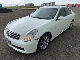 2005 Infiniti G35 4 Door Sedan c/w 3.5L V6, AT, A/C, Sun Roof, Bose Stereo, Leather Interior, Heated Seats, 215/55R17 Tires, Showing 122,909 Miles, VIN JNKCV51E75M221874 