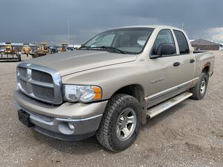2002 Dodge 1500 SLT 4x4 Quad Cab Pickup c/w 4.7L V8 Gas, AT, A/C, Plastic Box Liner, Tow Receiver, 265/70R17 Tires, Showing 179,548 Kms, VIN 1D7HU18N52S700445