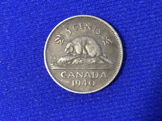 1940 Canada Silver Five Cent Coin.