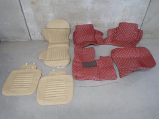 Universal Padded Maroon Front & Rear Floor Mats & Beige Seat Cover  with (2) Bottom Covers, New.