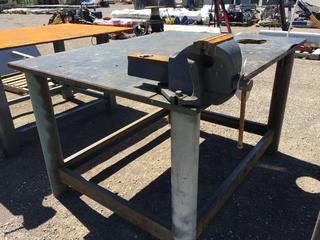 Steel Work Table w/ Rubber Mat Top 63 In x 48 In x 37 In c/w Irwin Vise No. 6.