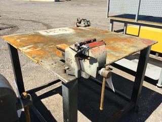 Steel Work Table 46 In x 48 In x 36 In H c/w Irwin Vise No.5 and Ridgid Pipe Vise BC-610A 1/4 In - 6 In.