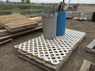 Quantity of Aluminum Flashing, (2) White Vinyl Lattice 4 Ft x 8 Ft, Pitch Fork, Flower Pot, Copper Wire Pieces and Copper Tubing.