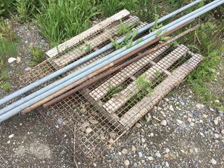 (3) Metal Pipe 1 1/2 In x 22 Ft, (2) Steel Bars 1 1/4" x 6 Ft and Wire Mesh Panel 38 In x 75 In.