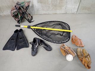 Assorted Ball Gloves, Fish Net, Baseball Shoes Size 8, Flippers Size Med/Large & Backpack Camo Chair.