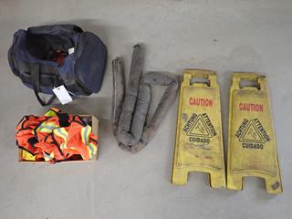 (3) High Visibility Safety Vests, (2) Caution Floor Signs & Fall Protection Gear.