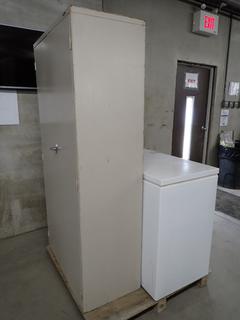 Metal Shelf Cabinet, 36 In x 18 In x 72 In & Co-Op Viscount Chest Freezer, 46 In x 21 1/2 In x 35 1/2 In.