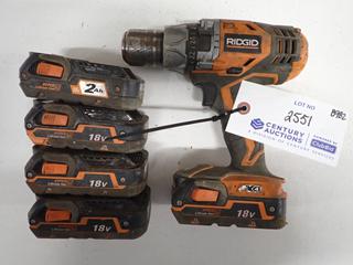 Ridgid 1/2 In Cordless Drill c/w (5) 18V Batteries.