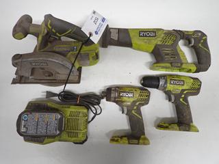 Ryobi 6 Piece Cordless Set - 5 1/2 In Circular Saw, Reciprocating Saw, Impact Driver, Drill, 18V Battery and Charger.