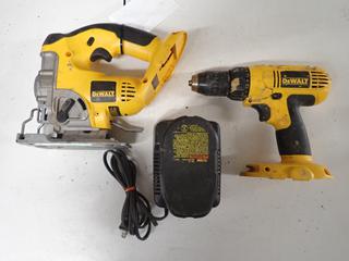 DeWalt 1/2 In Cordless Drill, (1) DC330 Cordless Jig Saw, (1) 18V Battery and Charger.