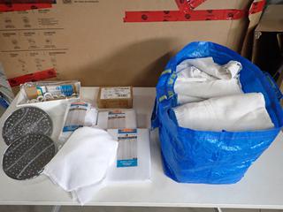 Quantity of Assorted White Fabric Shower Curtains, Cream Towels and (2) Shower Heads.