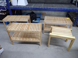 (3) Wooden Benches 31 In L x 14 3/4 In W x 20 In H and (1) Wooden Bench 20 3/4 In L x 14 1/2 In W x 17 3/4 In H.