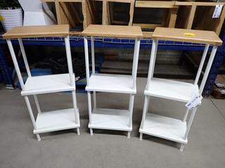 (3) Wood/Metal Shelving Units 15 3/4 In L x 10 1/2 In W x 38 In H.