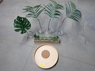 Bamboo Planter w/ Fake Plants 20 In D, (1) Tray, (4) Vases.