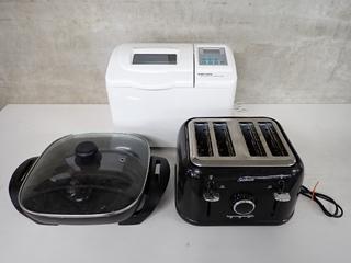 (1) Electric Frying Pan, (1) Sunbeam Toaster and (1) Black & Decker Bread Maker.