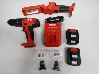 Unused Hilti Cordless 2-Tool Combo Kit (1) Light SL-2-A12, (1) Power Drill SF2H-A, (2) Charger & (2) 12V Batteries.