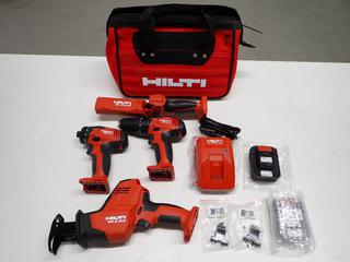 Unused Hilti Cordless 4-Tool Combo Kit (1) Light LS2-A12, (1) Power Drill 5F2H-A, (1) Hammer Drill  SFD2-A, (1) Brushless Reciprocating Saw, (1) Charger & (2) 12V Batteries.