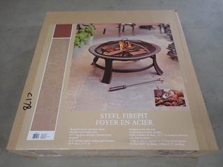 Unused Steel Black Round Firepit c/w Poker & Cooking Grill, 29.9 In. D x 17.7 Inf. H.