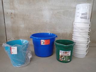 Approximately (9) 5 Gallon Buckets, (1) 15 In Blue Planter and (1) API Heated Plastic Bucket, Model # 16HB. *DAMAGED*