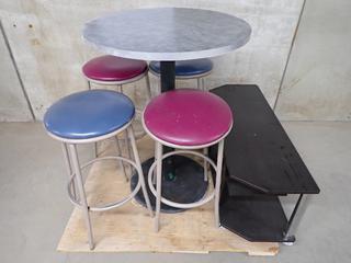 Round Bar Table 30 In D, (4) Stools and (1) TV Stand 43 1/2 In L x 15 1/4 In W x 17 1/2 In H.