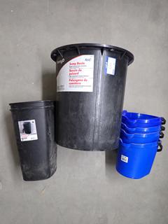 (4) 13 Qt Mop Buckets, (2) Sterilite 28 L Bins, (1) Sump Basin 20 Gal 18 In Diameter x 22 In Deep. *DAMAGED*