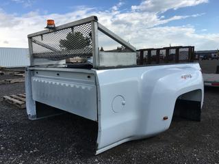 GMC Silverado Dually Truck Box White w/ Metal Grate Folding Ramp, Metal Front Storage Rack.