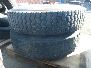 (2) Kum Ho All Steer Radial 955 Bus Tires 12R 22.5 w/ Bud Rims, Center Dish & Axle Caps.