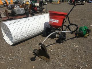 Weedeater Featherlite FL20 20cc Trimmer & Mastercraft LT 100B Seed Spreader & 4 Ft x 8 Ft Piece of White Vinyl Lattice.