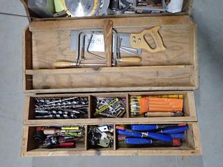 Tool Box of Assorted Wood Working Tools, Drill Bits, Screws, Etc.