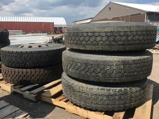 (5) Dunlop SP080 Big Rig Tires 11R 22.5 14 P.R c/w Aluminum Rims.