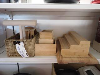 Quantity of Assorted Ikea Dragon Bamboo Boxes, Organizer Stands and Wicker Baskets.