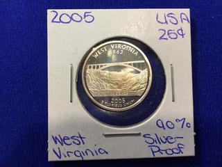 2005 USA Silver Proof Twenty Five Cent Coin "West Virginia".