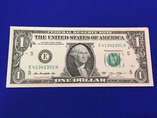 2013 USA One Dollar Bank Note, S/N E41342301H.