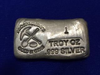 Prospector's Gold & Gems One Troy Ounce .999 Fine Silver Bar.