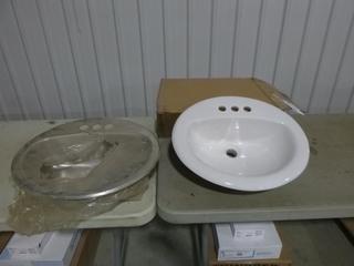 (1) Unused Proflo Oval Countertop Porcelain Sink, 20 In. x 17 In., (1) Unused  Oval Countertop Stainless Sink, 20 In. x 17 In., Three Hole Faucet Drillings