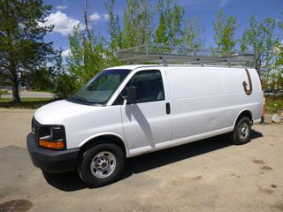 2016 GMC Savana 2500 Cargo Van, C/w 4.8L V8, Gas, A/C, Roof Rack w/ Storage Cage 12 Ft. 5 In. x 4 Ft., Weather Guard, Partition Between Cab and Cargo Area, Ladder to Roof Mounted on Rear Door, Tire Size 245/75/R16, Axle Rating 4100 Lbs Front, 5360 Lbs Rears,  Showing 139,188 Kms, 2927 Hours, VIN 1GTW7BFF3G1166157 *Note: Change Engine Oil Soon Indicator On, Windshield Cracked*
