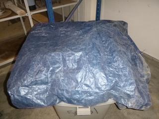 (2) Large Tarps C/w Multiple Rubber Bungee Cords and Plastic Tub