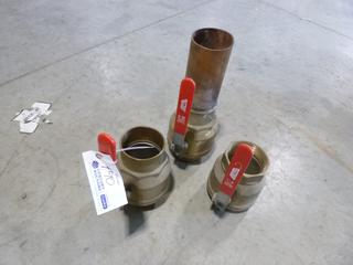 (2) Unused 4 In. Ball Valves, (1) Used Ball Valve w/ Copper Pipe Extension